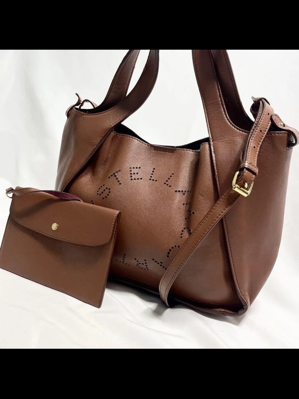 Stellah Brown Perforated Logo Vegan Leather Tote with Pouch